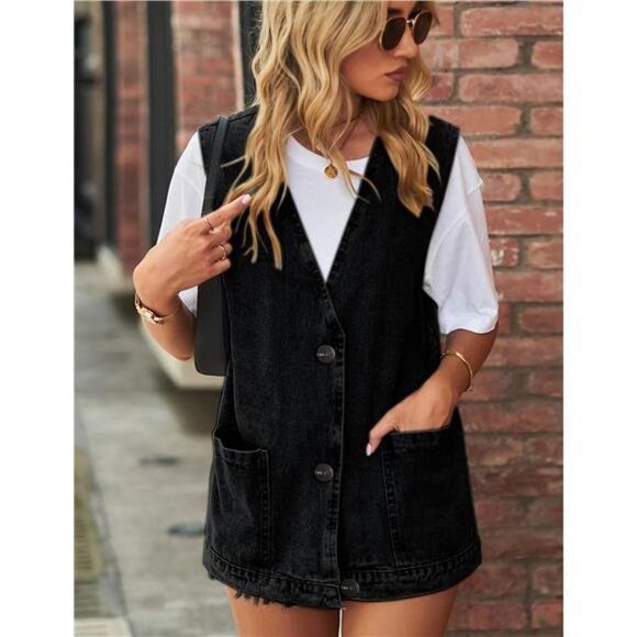 New Women's Cropped Distressed Denim Vest - Ripped Sleeveless Jean Jacket with - Picture 6 of 7